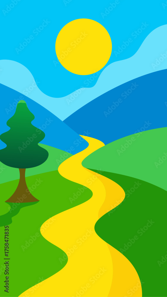 Fototapeta premium Landscape with sun path tree and rolling mountains