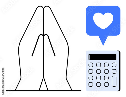 Two praying hands beside a calculator symbolizing gratitude, charity, or financial consideration with love. Ideal for faith, charity, budgeting, gratitude, donation mindfulness purpose. Simple flat