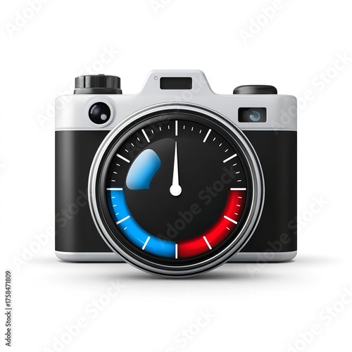 Camera icon with speedometer isolated on white background, representing photography settings and speed control