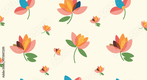 A repeating pattern of stylized colorful flowers on a light yellow background.