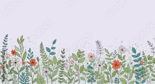 A delicate watercolor painting of a border of wildflowers and foliage.
