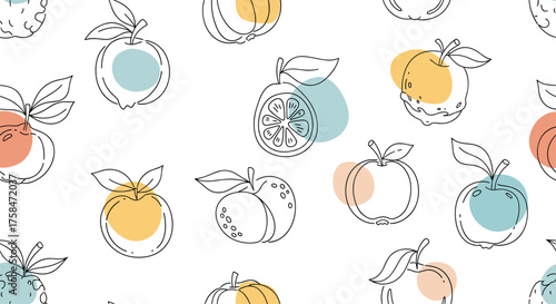 A charming seamless pattern featuring abstract fruit illustrations with soft pastel accents.