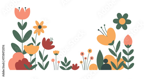 A vibrant garden bursts with colorful spring blossoms