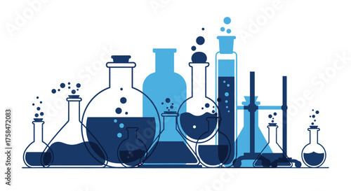 Colorful collection of scientific laboratory glassware with bubbling liquids.