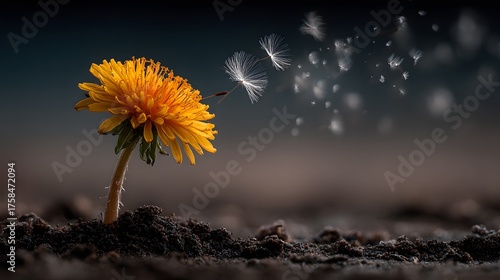 Wallpaper Mural Single, resilient yellow dandelion pushes through rich, dark soil against a soft, warm background, with a fluffy seed floating away. Torontodigital.ca
