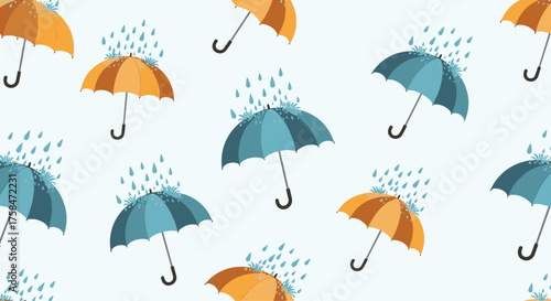 Umbrellas protecting from the rain on a pale blue background.
