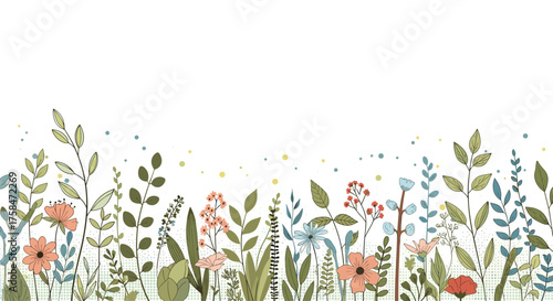 A whimsical border of delicate wildflowers and green foliage.