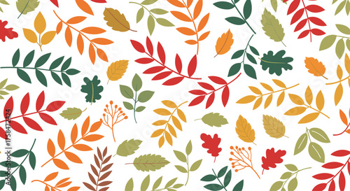 A vibrant seamless pattern of colorful autumn leaves on a white background.