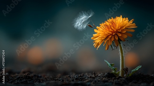 Wallpaper Mural Single, resilient yellow dandelion pushes through rich, dark soil against a soft, warm background, with a fluffy seed floating away. Torontodigital.ca