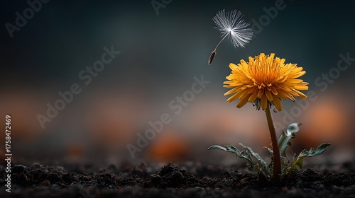 Wallpaper Mural Single, resilient yellow dandelion pushes through rich, dark soil against a soft, warm background, with a fluffy seed floating away. Torontodigital.ca