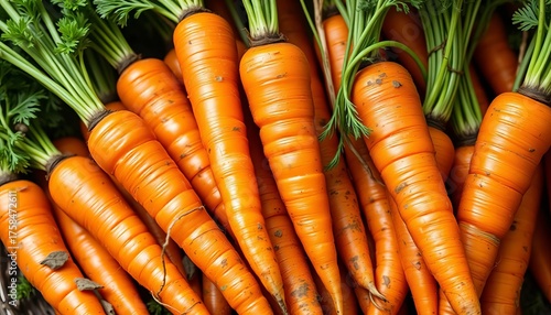 Fresh orange carrots with vibrant green leafy tops, earthy tones, ingredient, bright