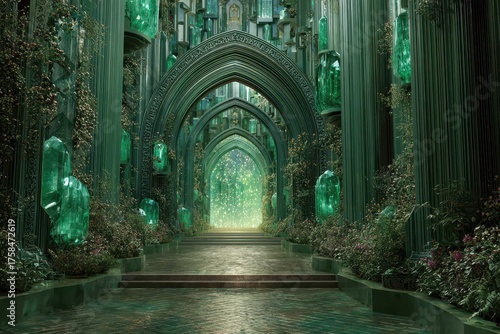 Emerald City Gate. Oz Fantasy Palace with Crystal Entrance in Fairy Tale Setting