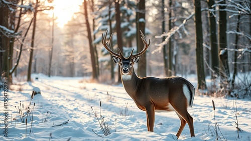 Majestic deer with large antlers stands alert in a snow covered winter forest illuminated by the soft sunlight filte through the trees creating a peaceful scene.