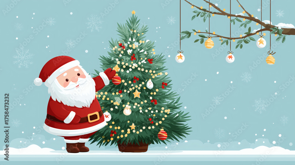 Obraz premium Santa Claus hanging gifts on the Christmas tree