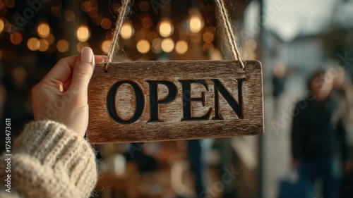 Hand Holding Wooden Open Sign in Front of Brightly Lit Store Window with Blurred Background of People and Warm Atmosphere