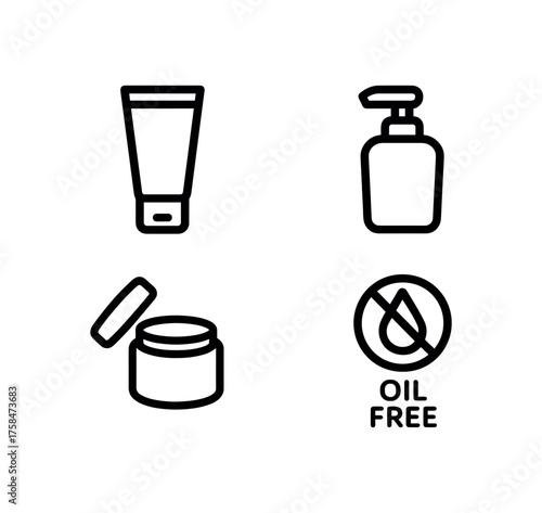 cosmetic icon set with bold black outline style including oil free isolated on white background simple shadows minimal details clean vector look