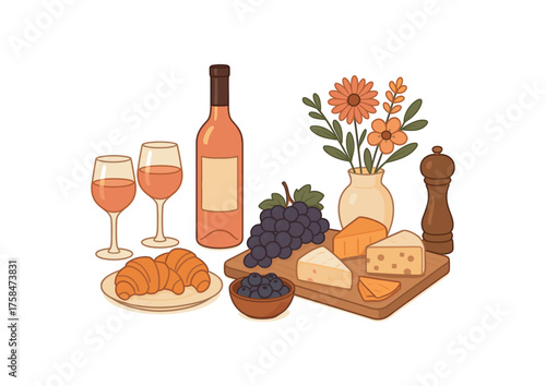 ine bottle and two glasses with rosé wine cheese board with mixed cheeses and grapes croissants on plate bowl of blueberries vase with flowers pepper grinder flat vector illustration style