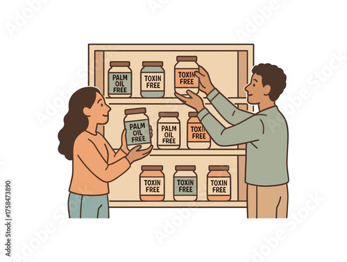 organizing kitchen pantry filled with palm oil free and toxin free food jars flat vector illustration style soft pastel colors isolated on white background