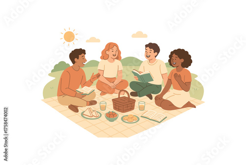 having an outdoor picnic on sunny afternoon with snacks books and laughter flat vector illustration style soft pastel colors isolated on white background