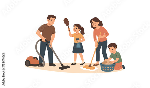 family cleaning house family life flat vector illustration style isolated on white background