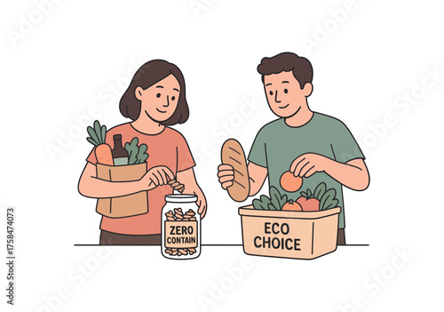 couple unpacking groceries into reusable containers labeled zero contain and eco choice flat vector illustration style soft pastel colors isolated on white background