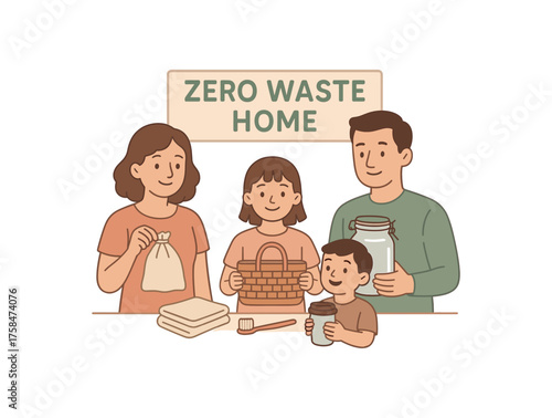 family displaying reusable household essentials under poster zero contain home flat vector illustration style soft pastel colors isolated on white background