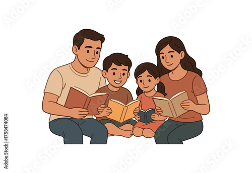 family reading books family life flat vector illustration style isolated on white background