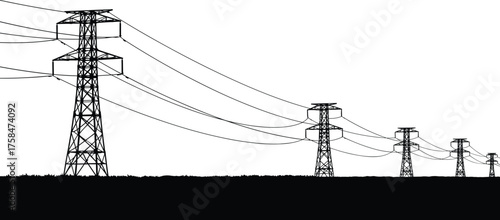 High voltage electricity transmission towers and power lines silhouette, energy distribution infrastructure concept, industrial landscape vector illustration for renewable power and grid design