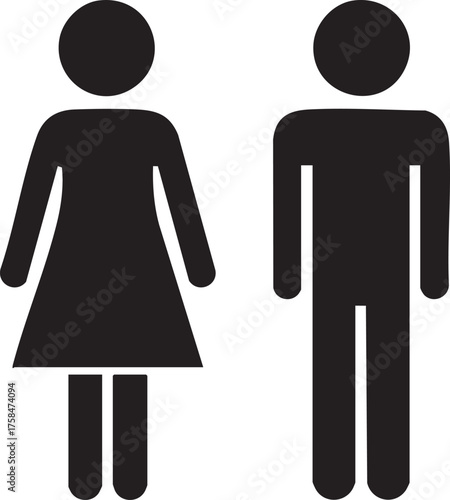 A simplistic black and white illustration of male and female restroom symbols