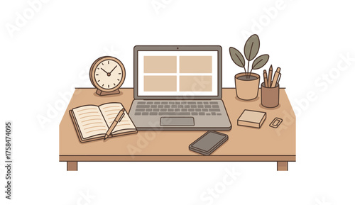 organized desk productivity flat vector illustration style isolated on white background