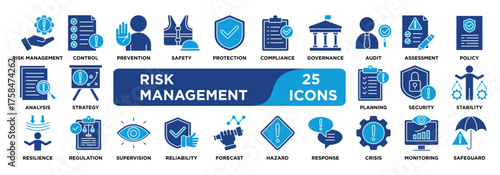 RISK MANAGEMENT icon collection set. Containing risk, management, control, mitigation, prevention, safety icon. solid vector.	