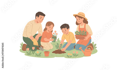 family planting flowers and herbs together their backyard garden springtime flat vector illustration style soft pastel colors isolated on white background