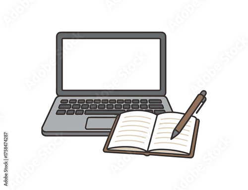 laptop with notebook remote work flat vector illustration style isolated on white background