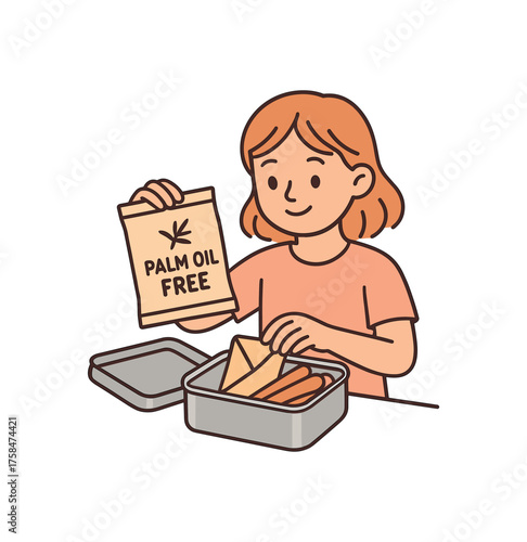 girl packing palm oil free snacks into lunchbox made of stainless steel flat vector illustration style soft pastel colors isolated on white background