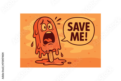 Funny banner of melting popsicle shouting SAVE ME! flat vector illustration style warm summer palette exaggerated expression comic style humor