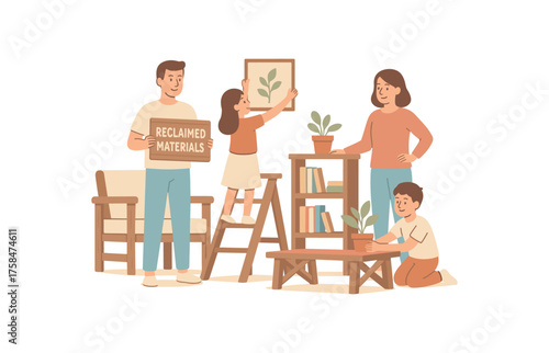 family decorating their home with upcycled furniture labeled reclaimed materials flat vector illustration style soft pastel colors isolated on white background