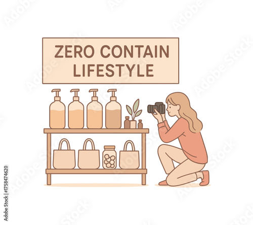 girl photographing refill shop display with large zero contain lifestyle banner for her blog flat vector illustration style soft pastel colors isolated on white background