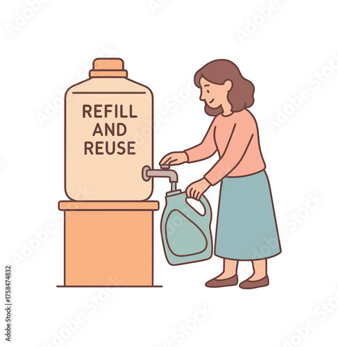 woman refilling laundry detergent from bulk dispenser labeled refill and reuse flat vector illustration style soft pastel colors isolated on white background
