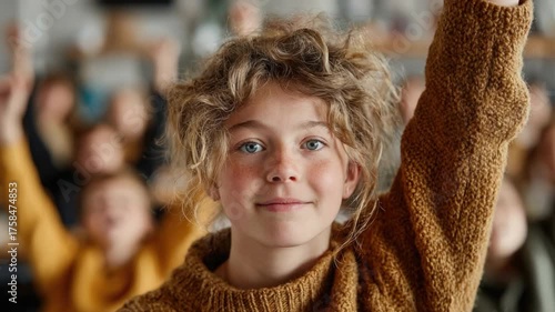 Young girl raising hand in a classroom full of students eager to participate in a lesson, showcasing enthusiasm for learning and education environment