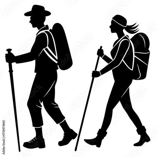 Silhouette vector illustration of two hikers with backpacks and trekking poles