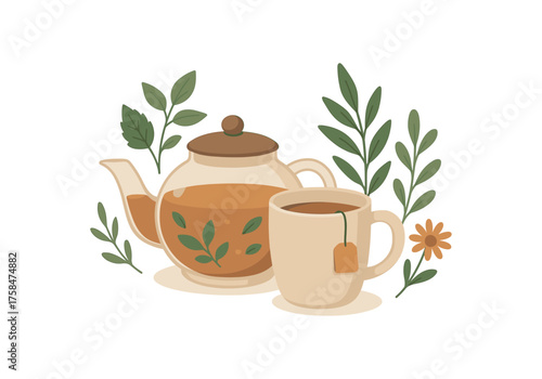 herbal tea wellness flat vector illustration style isolated on white background