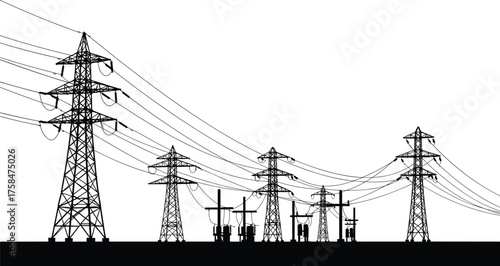 High voltage electricity transmission towers and power substation silhouette with electric lines, industrial energy distribution, utility grid network vector illustration background