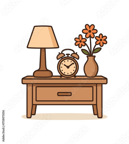 bedside table with lamp alarm clock vase with flowers flat vector illustration style isolated on white background