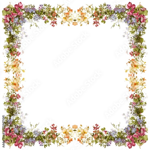 Floral frame isolated on white background, decorative border with colorful flowers and leaves for design