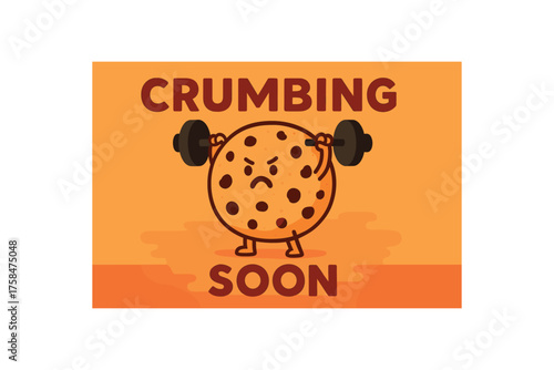 Funny banner of cookie holding dumbbell with text CRUMBING SOON colorful flat vector illustration style warm palette comical irony balanced composition