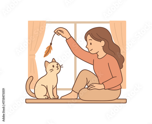 young woman playing with her curious cat on the windowsill dangling feather toy above its head flat vector illustration style soft pastel colors isolated on white background