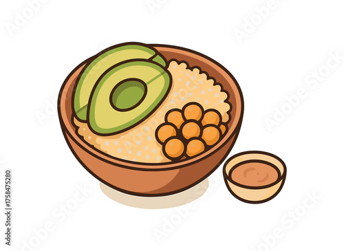 quinoa bowl with avocado and chickpeas small sauce bowl flat vector illustration style isolated on white background