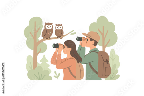couple observing owls through binoculars during quiet forest birdwatching trip flat vector illustration style soft pastel colors isolated on white background