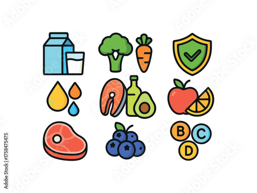 food nutrition colorful icon set with bold outline style including immune support isolated on white background