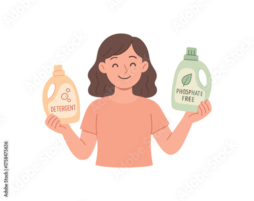 girl comparing two detergents and choosing one labeled phosphate free while smiling flat vector illustration style soft pastel colors isolated on white background